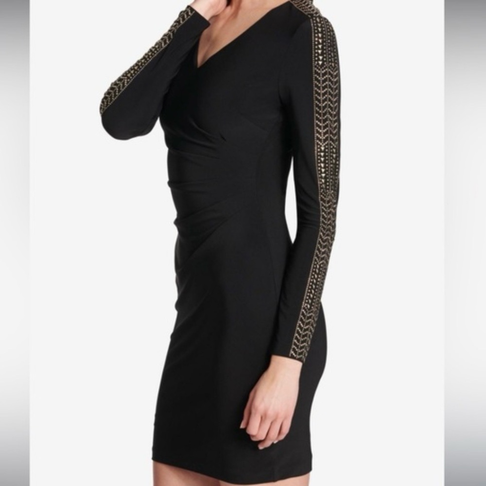 NWT Guess Ruched Little Black Dress Gold Studs Date Night Out Form Fitting